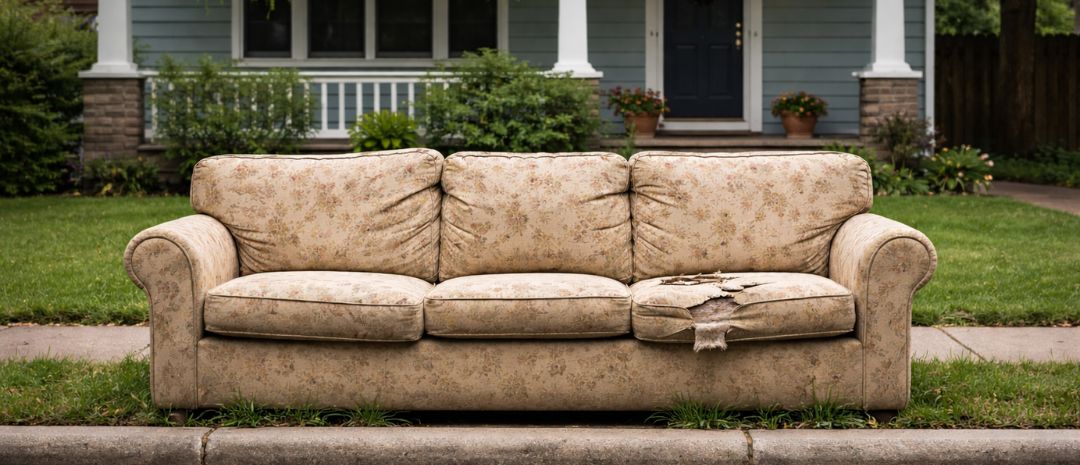 Large sofa on side of street waiting to get recycled